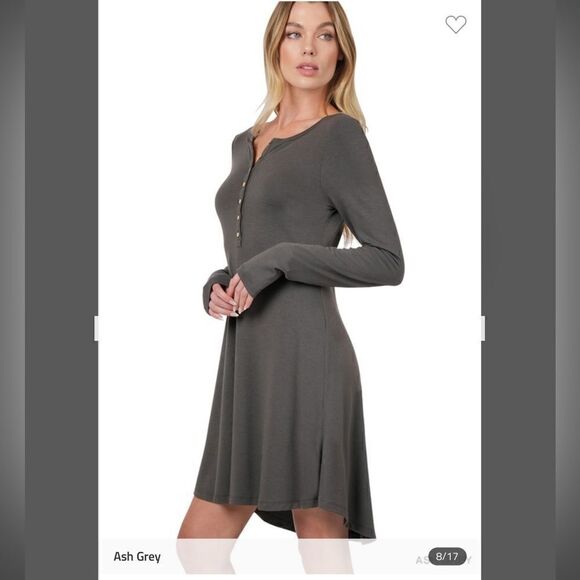 198. GREY LONG SLEEVE BUTTON DOWN DRESS - Picture 1 of 2